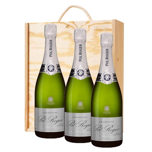 Pol Roger Pure Extra Brut Champagne 75cl Treble Pine Wooden Gift Boxed (3 x 75cl)